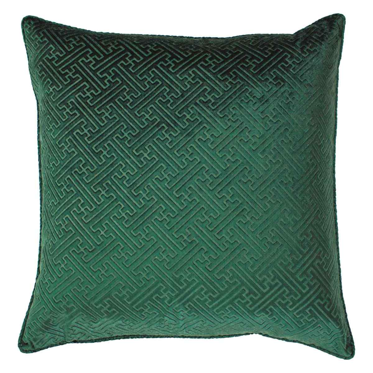 Emerald green embossed velvet cushion featuring a geometric pattern, measuring 55cm x 55cm, with a luxurious texture and rich color.