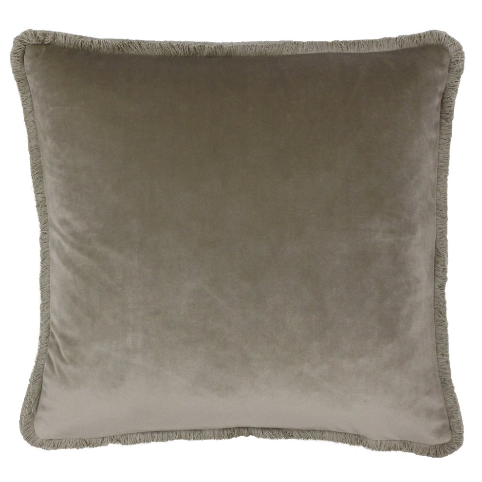 Taupe soft velvet cushion with a plush texture, featuring a fringed border, measuring 45cm x 45cm, designed by Paoletti.