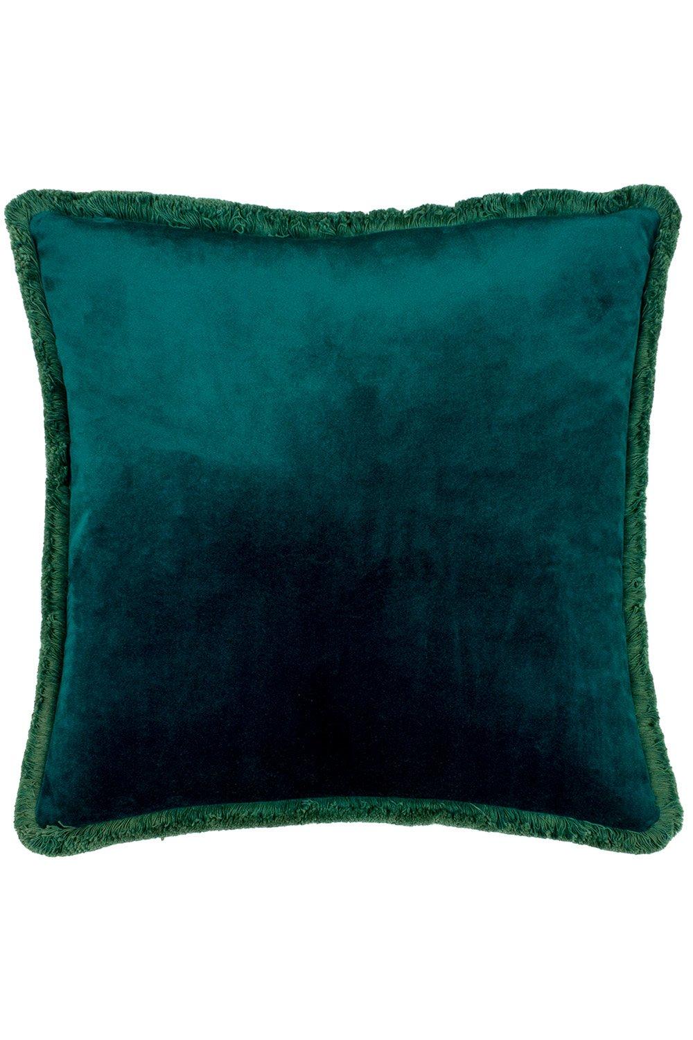 Teal velvet cushion with a reversible design, featuring fringed edges and a soft, plush texture, perfect for adding a touch of elegance to any space.