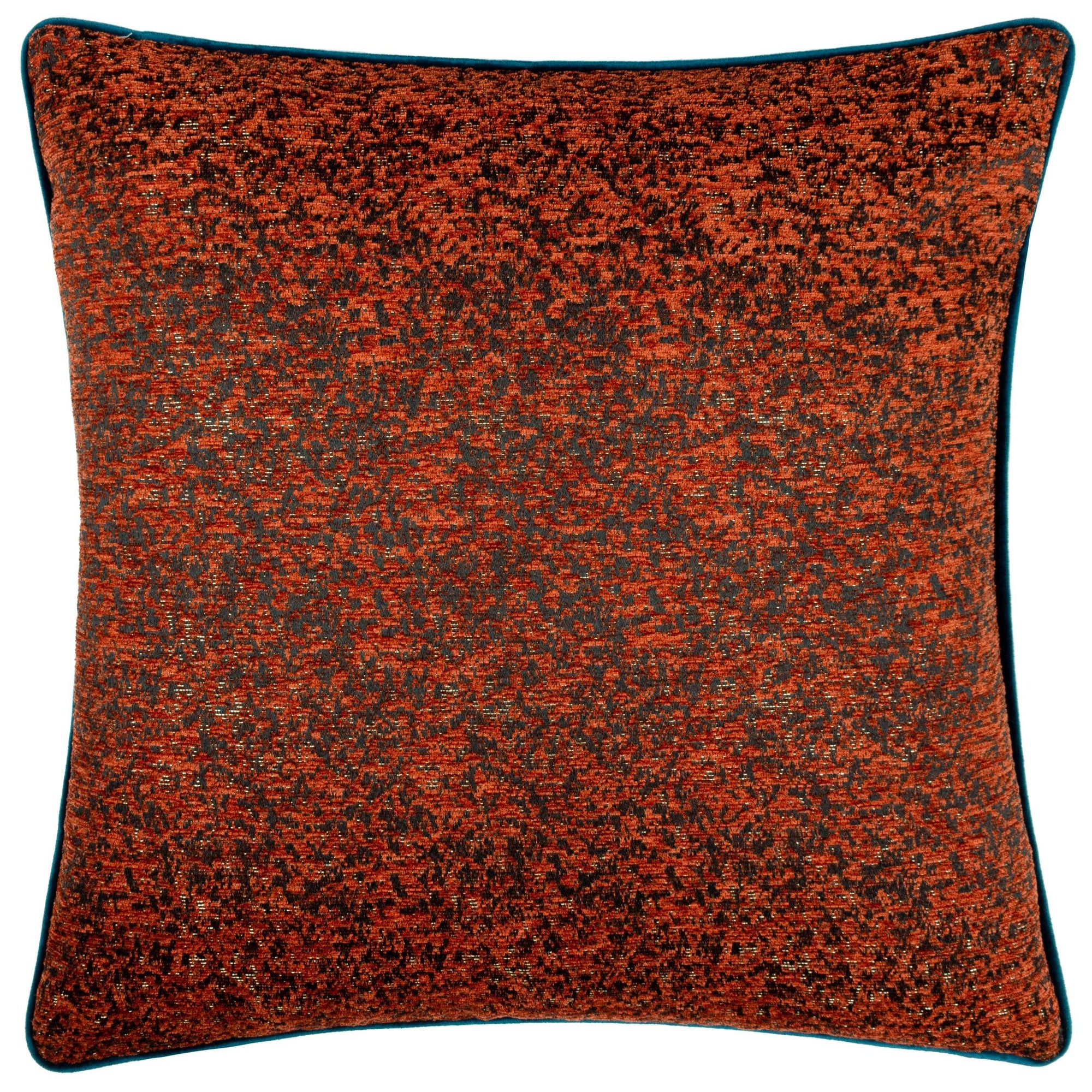 Orange chenille cushion with a textured pattern, featuring a piped edge in a contrasting color, adding a stylish touch to home decor.
