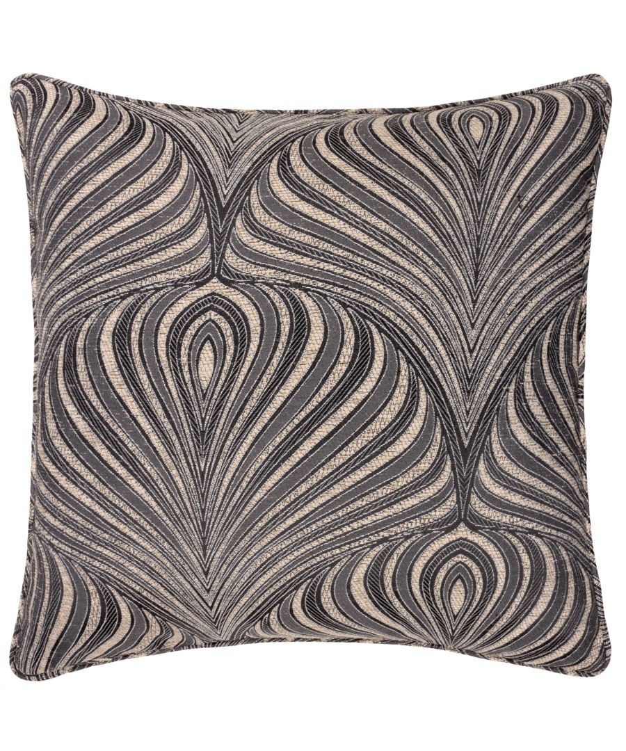 Black jacquard cushion featuring an elegant swirling pattern in shades of cream and grey, filled with polyester for comfort and style.