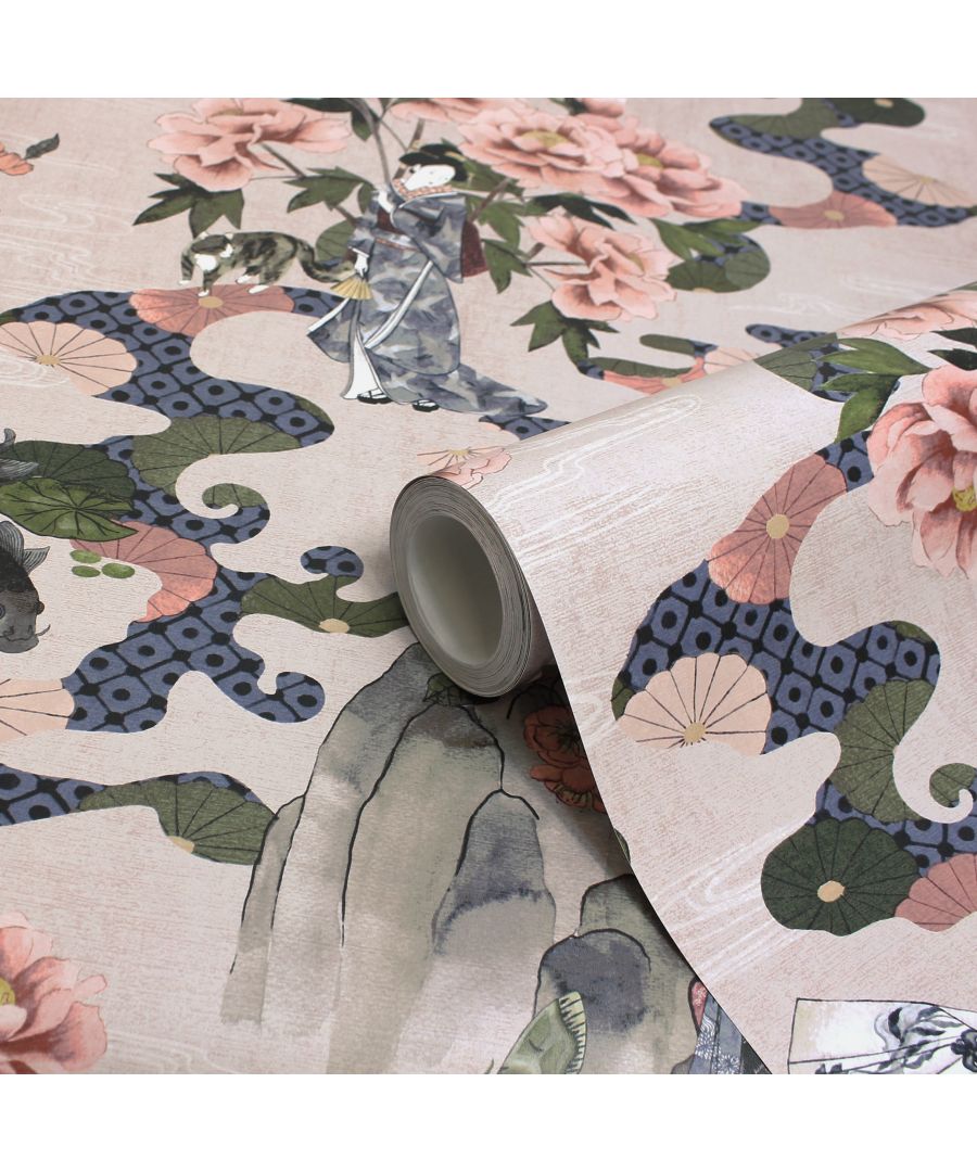 Blush pink wallpaper featuring traditional floral designs, including peonies and stylized figures, with intricate patterns in blue and green tones.