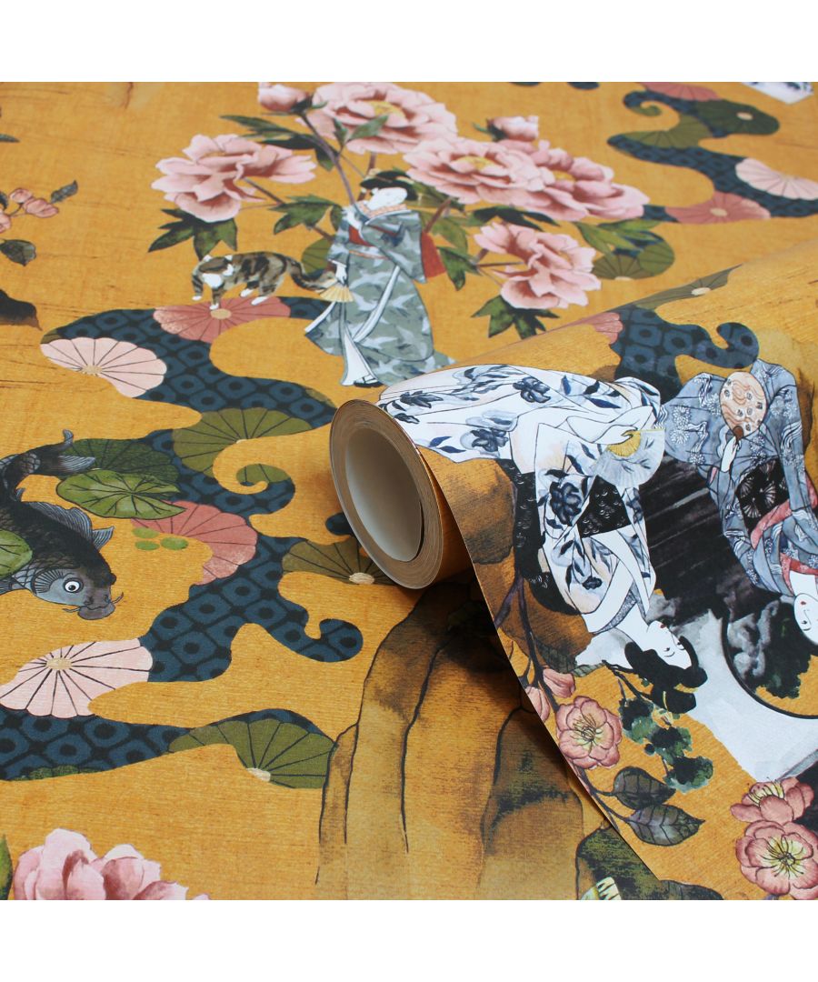 Yellow wallpaper featuring a Geisha design with pink flowers, koi fish, and intricate patterns, showcasing a vibrant and artistic print on textured material.