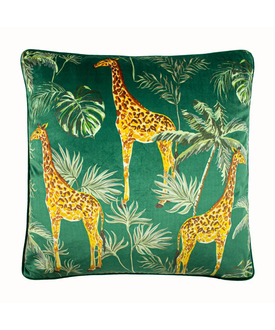 Green cushion featuring a vibrant giraffe and palm leaf design, made of soft material, measuring 50 cm x 50 cm, with a contrasting trim.