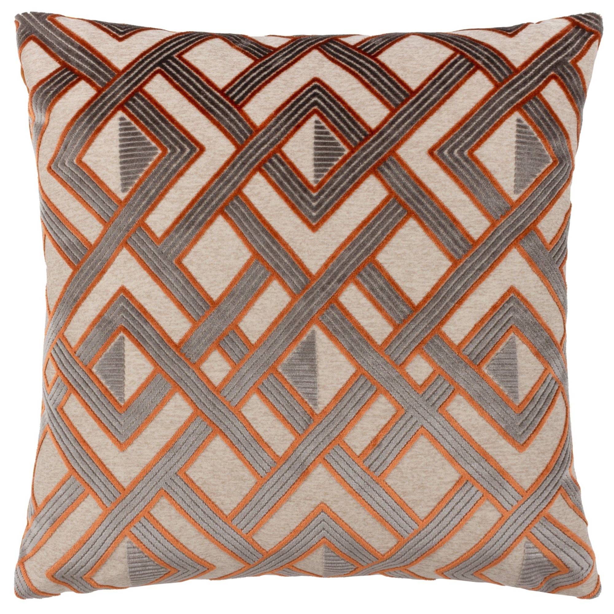Ginger velvet jacquard cushion featuring a geometric pattern in shades of orange, grey, and cream, measuring 50 cm x 50 cm.
