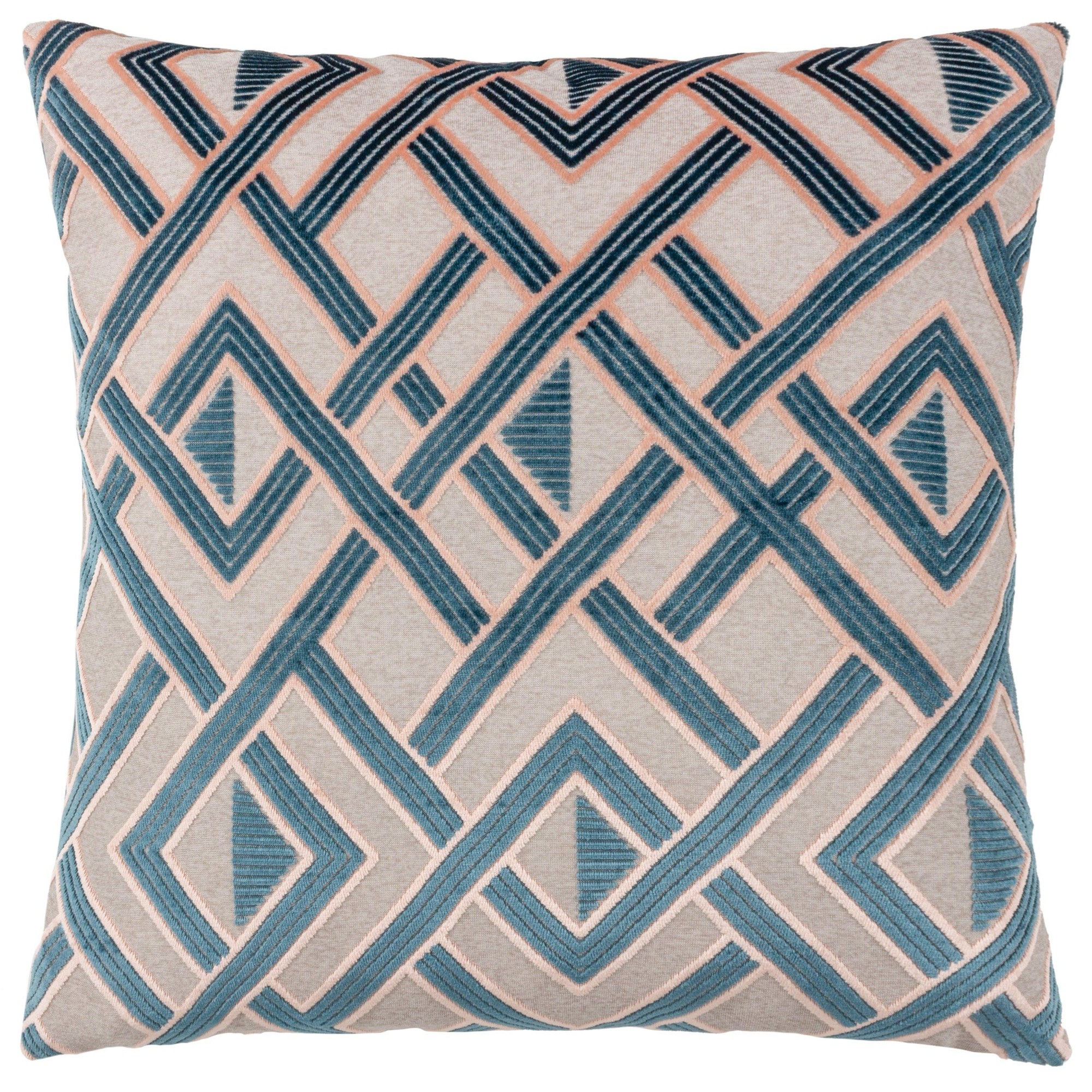Blue geometric velvet cushion featuring a striking diamond pattern with contrasting light pink accents, adding a stylish touch to any decor.