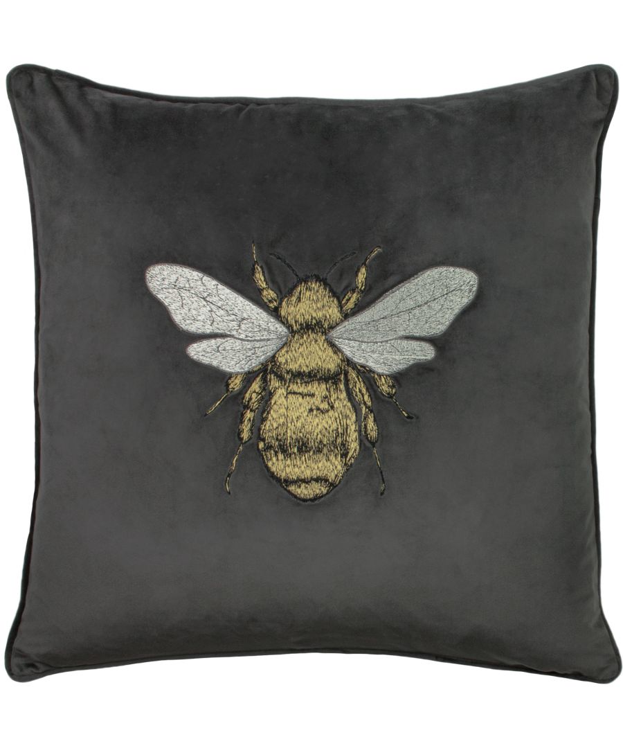 Charcoal soft velvet cushion featuring an embroidered bee design with detailed wings, measuring 50cm x 50cm, adding a touch of elegance to any decor.