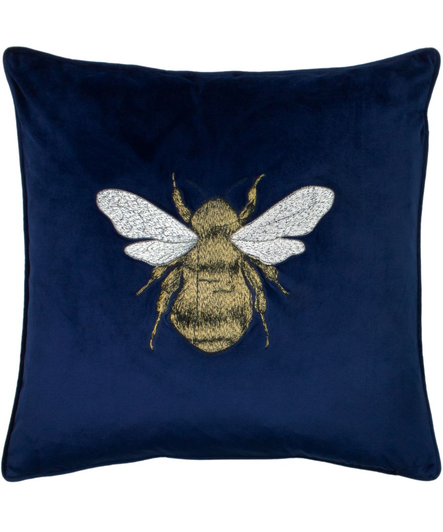 Navy soft velvet cushion featuring an embroidered bee design with detailed wings, measuring 50cm x 50cm, trimmed with a subtle piping.