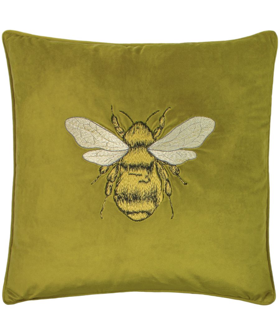 Olive green soft velvet cushion featuring an embroidered bee design with detailed wings, measuring 50cm x 50cm, trimmed with a subtle piping.