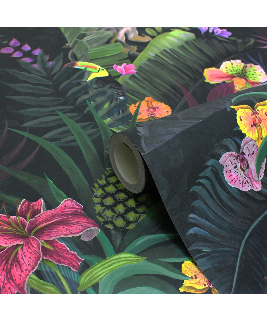 Vibrant black wallpaper featuring digitally printed jungle animals and tropical plants, adorned with colorful orchids, hibiscus flowers, and lush green foliage.