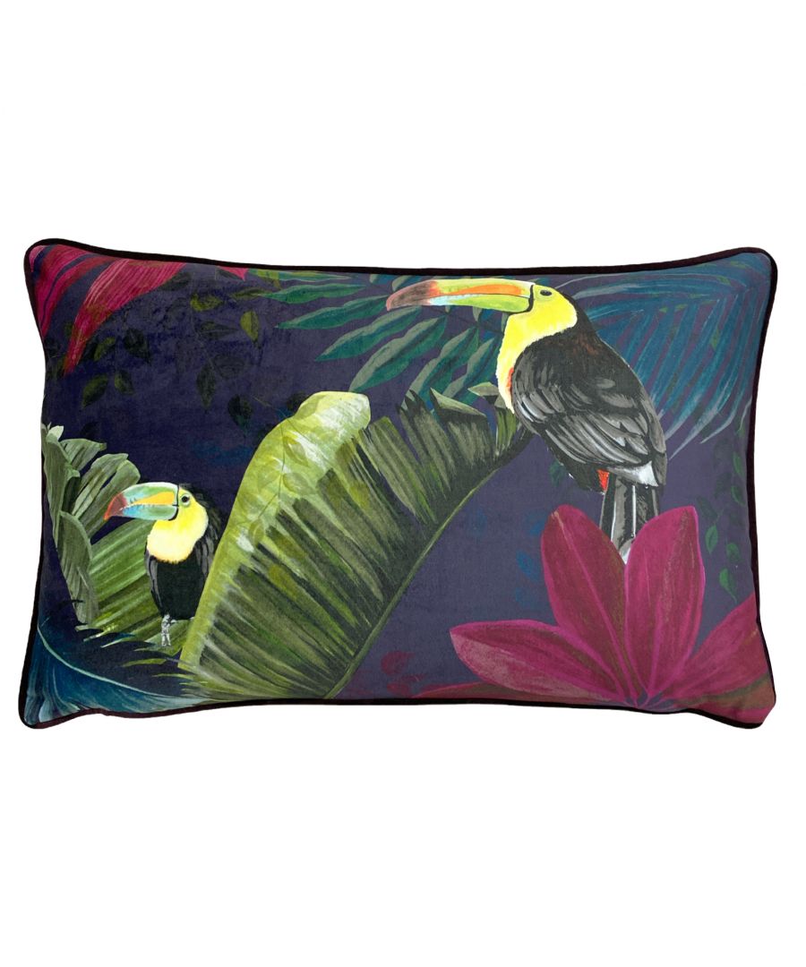 Purple floral cushion featuring vibrant toucan designs, lush green leaves, and a piped edge, made from soft fabric for a decorative touch.