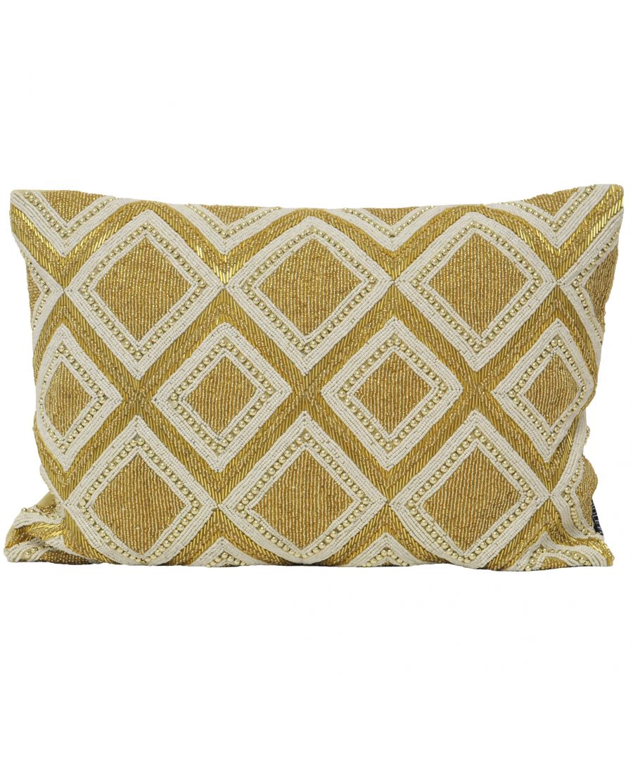 Rectangular gold cotton cushion measuring 35x50 cm, featuring a textured diamond pattern in white, with intricate detailing along the edges.