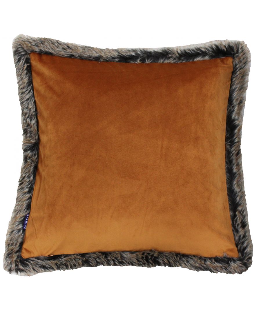 Soft orange velvet cushion with a faux fur trim in shades of gray, measuring 45cm x 45cm, featuring a luxurious and cozy design by Paoletti.