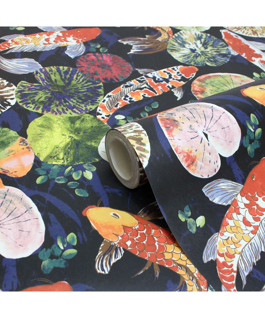Midnight blue ornamental wallpaper featuring vibrant koi fish in orange, red, and yellow, surrounded by colorful lily pads and green foliage, showcasing a digital print design.