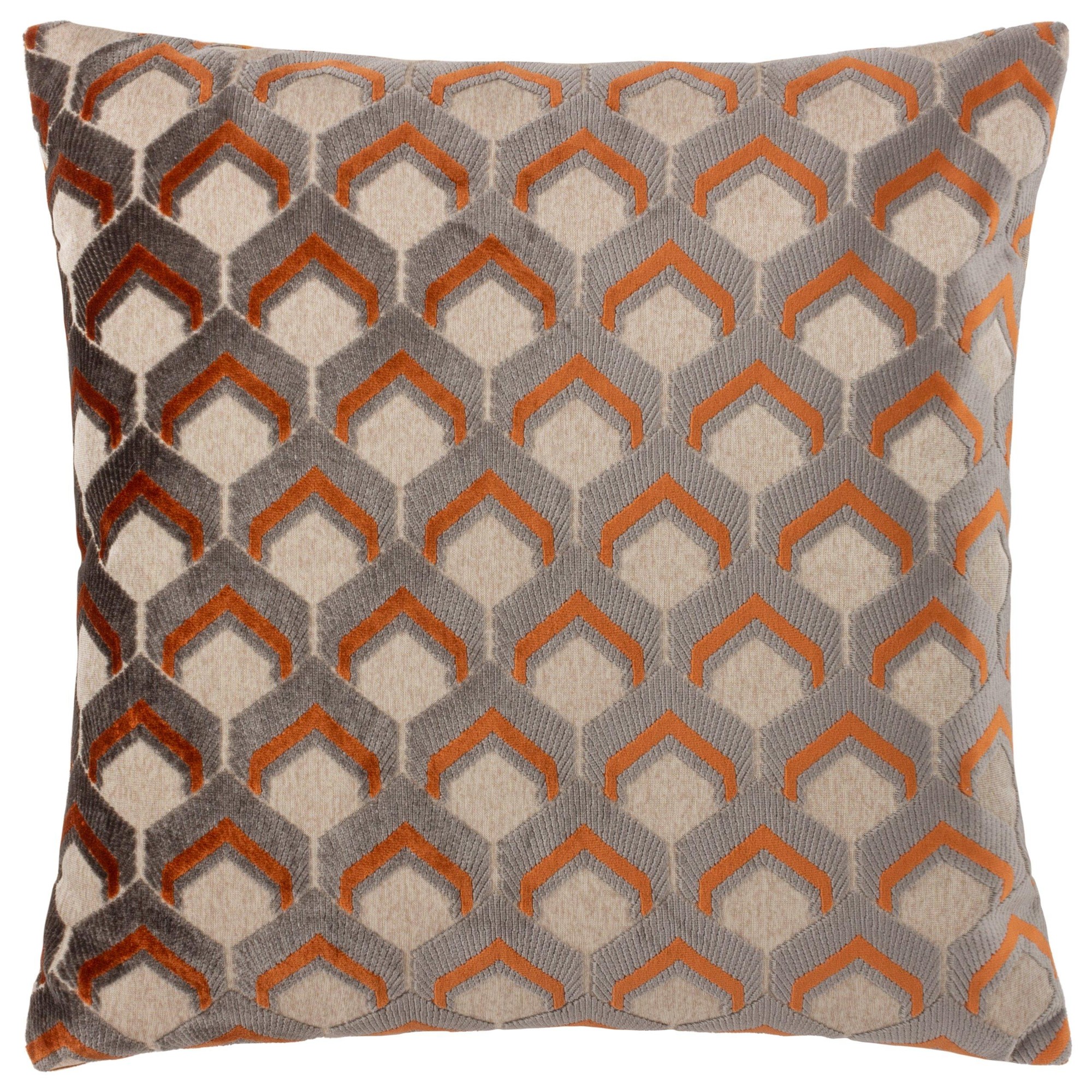 Pale orange velvet jacquard cushion featuring a geometric pattern in shades of gray and orange, measuring 45cm x 45cm, with a soft, textured finish.