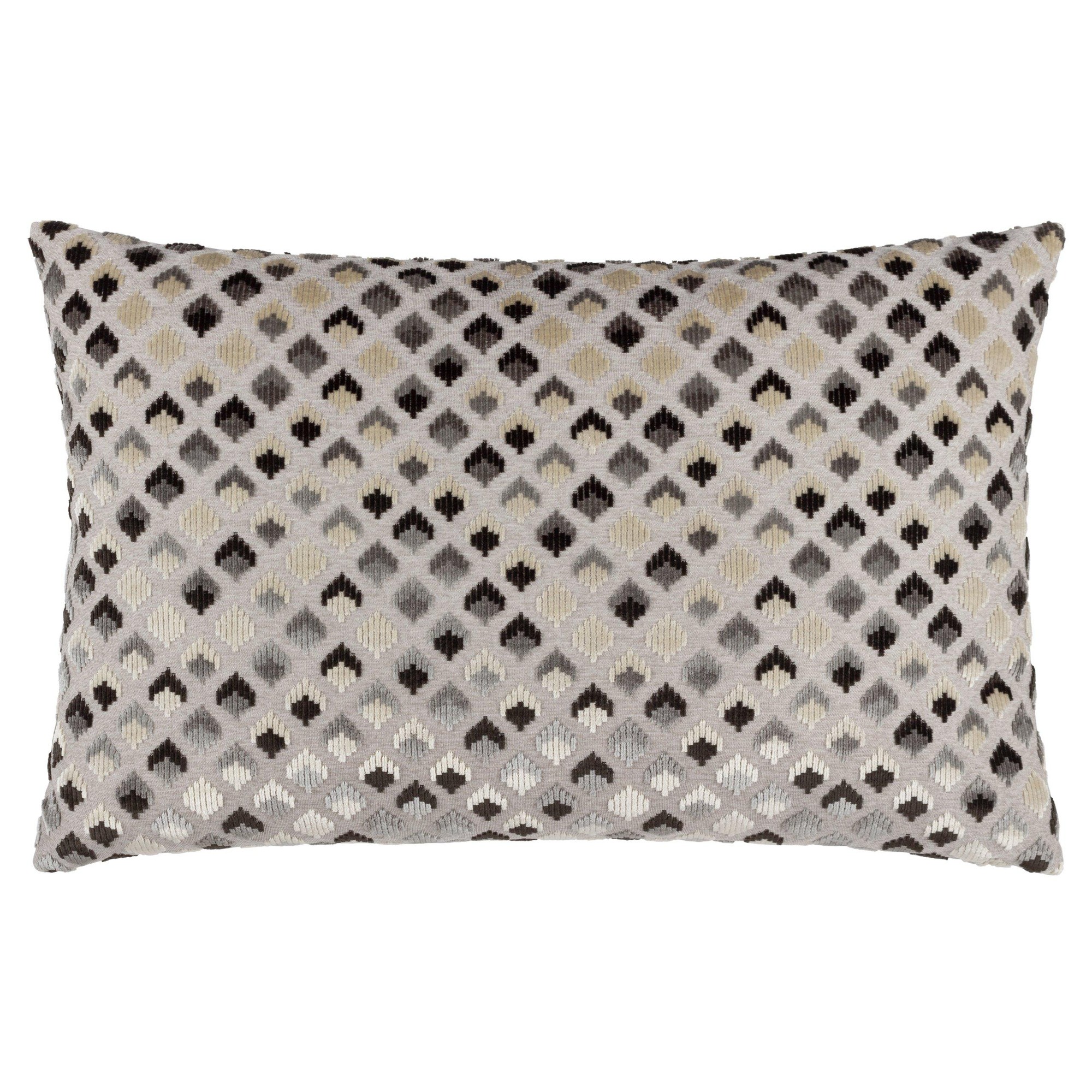 Grey jacquard velvet cushion featuring a geometric diamond pattern in shades of grey, cream, and gold, measuring 40cm x 60cm.