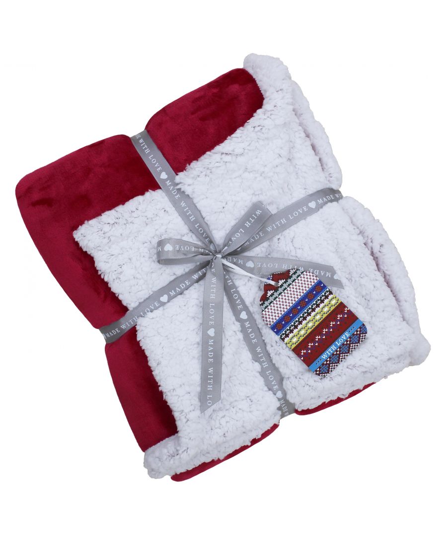 Red and white Lux Sherpa fleece throw, measuring 127cm x 152cm, tied with a grey ribbon featuring a decorative tag.