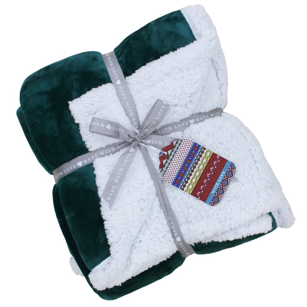 Teal sherpa fleece throw blanket, measuring 127x152 cm, featuring a soft texture, wrapped with a decorative ribbon and tag.