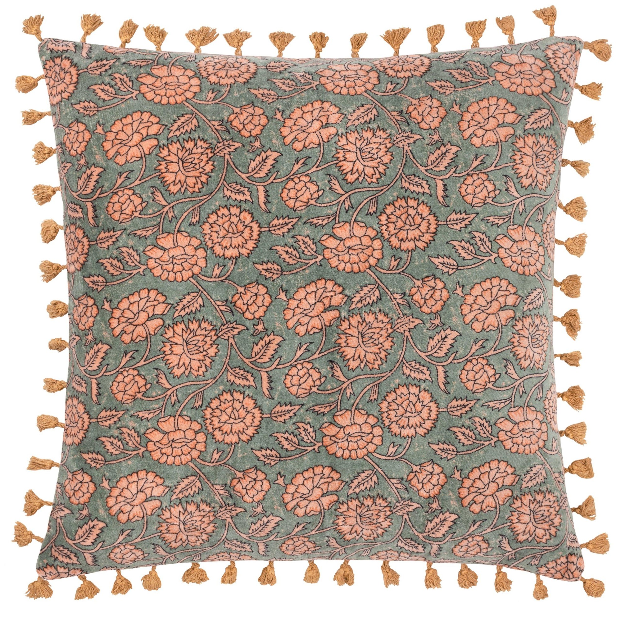 Floral cushion featuring a blue-green cotton velvet base with pink floral patterns and decorative tassels in a 50 cm x 50 cm size.