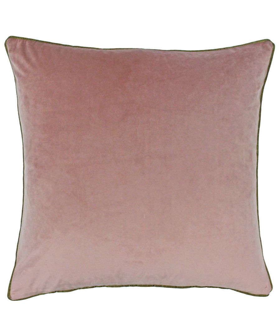 Dusty pink soft velvet cushion with piped edges, measuring 55cm x 55cm, featuring a smooth texture and elegant design by Paoletti.