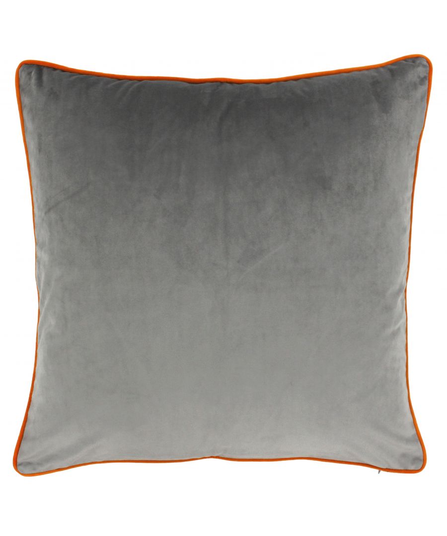 Square grey poly cushion with a smooth velvet texture, featuring an orange piped edge, measuring 55x55 cm, designed for comfort and style.