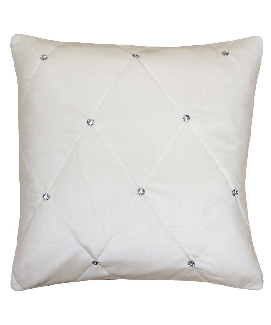 Cream quilted cushion featuring diamond-shaped embellishments and crystal sequins, measuring 55cm x 55cm, with a soft, luxurious fabric finish.