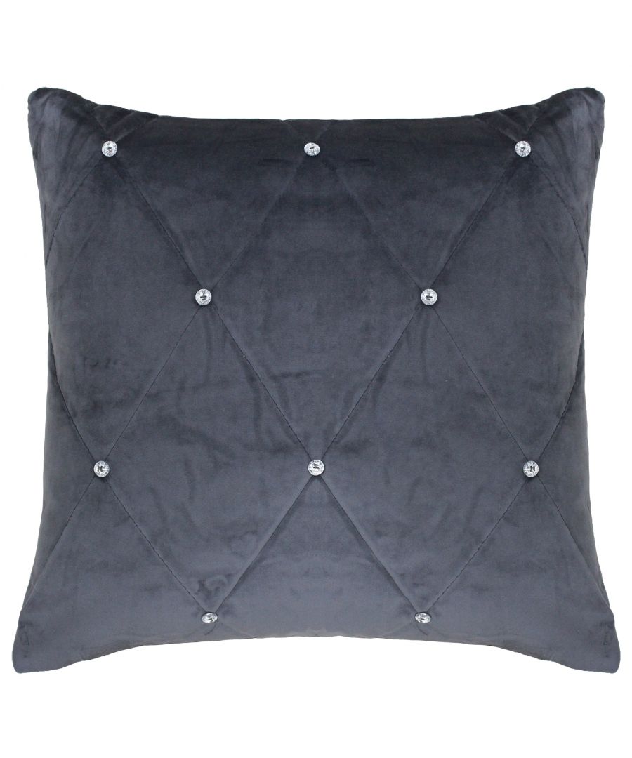 Grey quilted cushion featuring diamond-shaped stitching and embellished with crystal sequins, measuring 55cm x 55cm, crafted from soft velvet material.