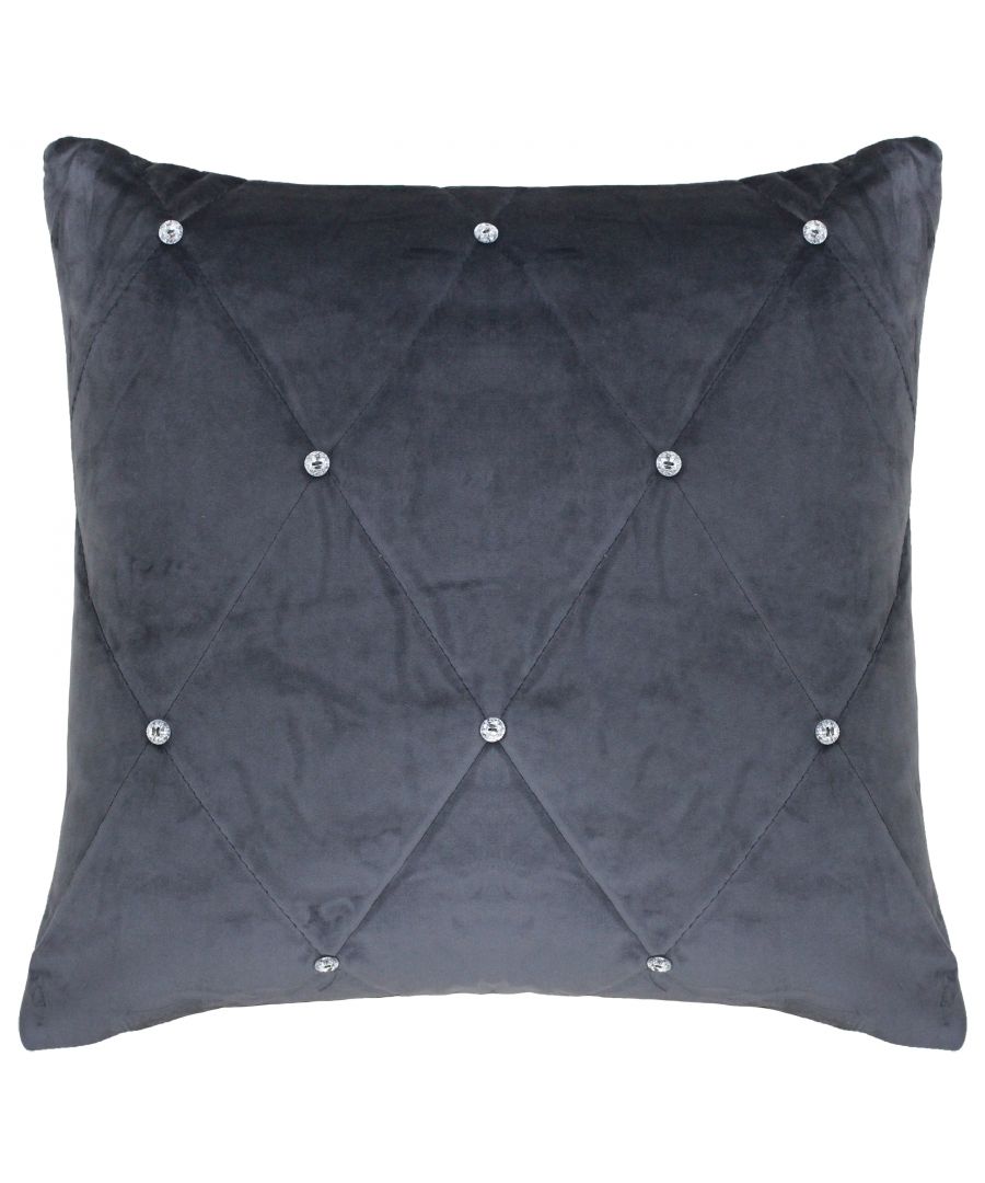 Grey quilted cushion measuring 45cm x 45cm, featuring a soft fabric with diamond-shaped embellishments and crystal sequins for a decorative touch.