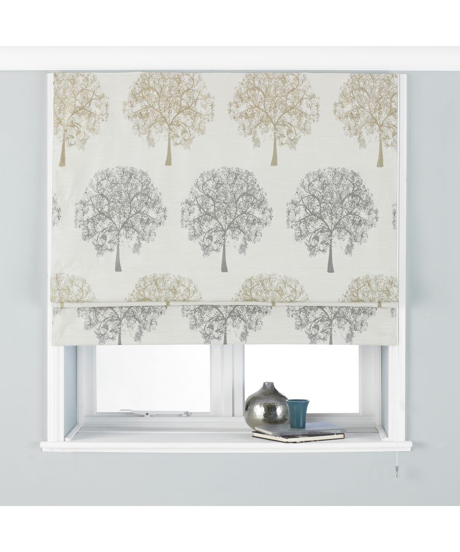 Silver blackout Roman blind featuring embroidered tree motifs in gold and grey, measuring 91cm in width and 137cm in drop, elegantly styled above a window.