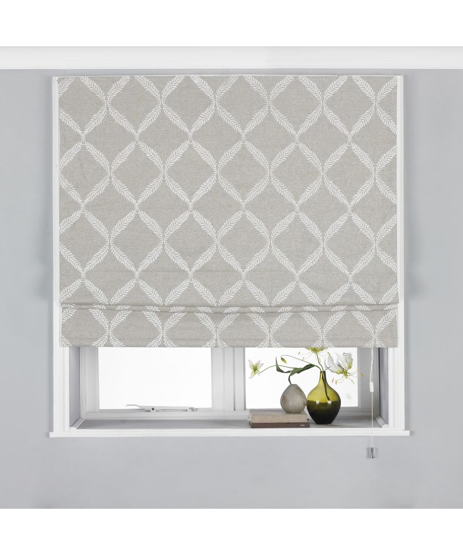 Grey Paoletti Olivia blinds featuring a leaf pattern, measuring 91 cm x 137 cm, hanging neatly over a window with a vase and flowers nearby.