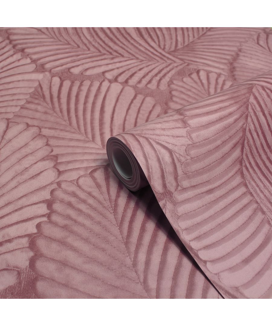 Blush vinyl wallpaper featuring a textured botanical leaf design with soft curves and lines, showcasing a subtle sheen and rolled edge.
