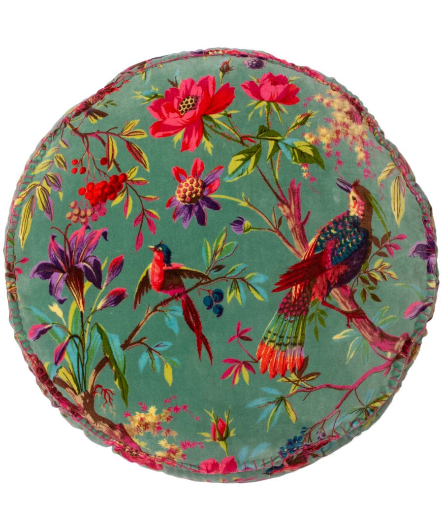 Round cushion featuring a vibrant floral and bird design in shades of green, pink, and red, made from cotton with a plush texture, measuring 50x12 cm.
