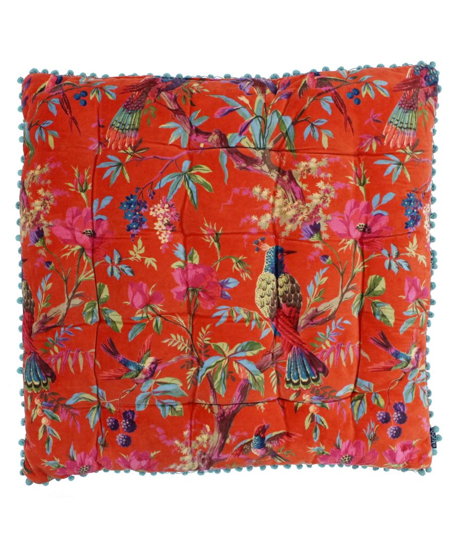Vibrant orange cotton floor cushion featuring a floral and bird pattern, with decorative pom-pom trim along the edges, measuring 70x70 cm.