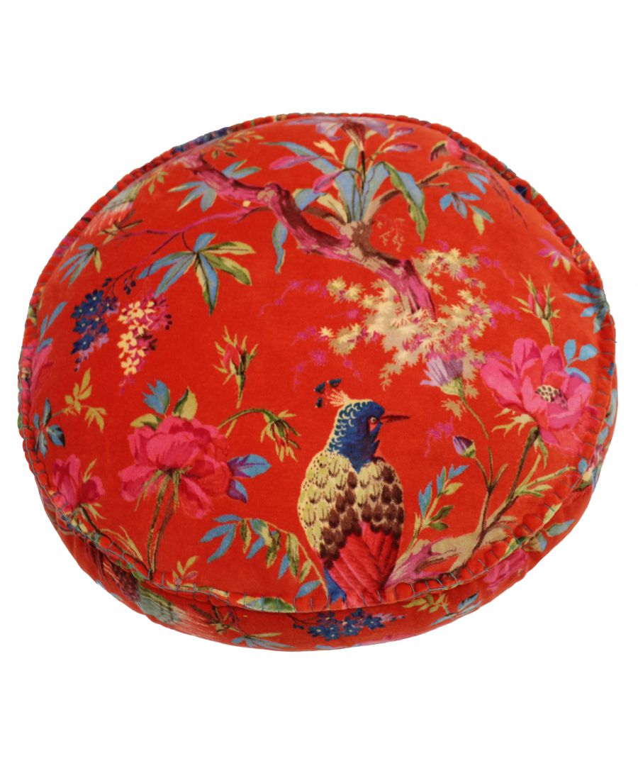 Round cushion in vibrant orange cotton, featuring a floral pattern with birds, measuring 50x12 cm, designed for comfort and decorative appeal.