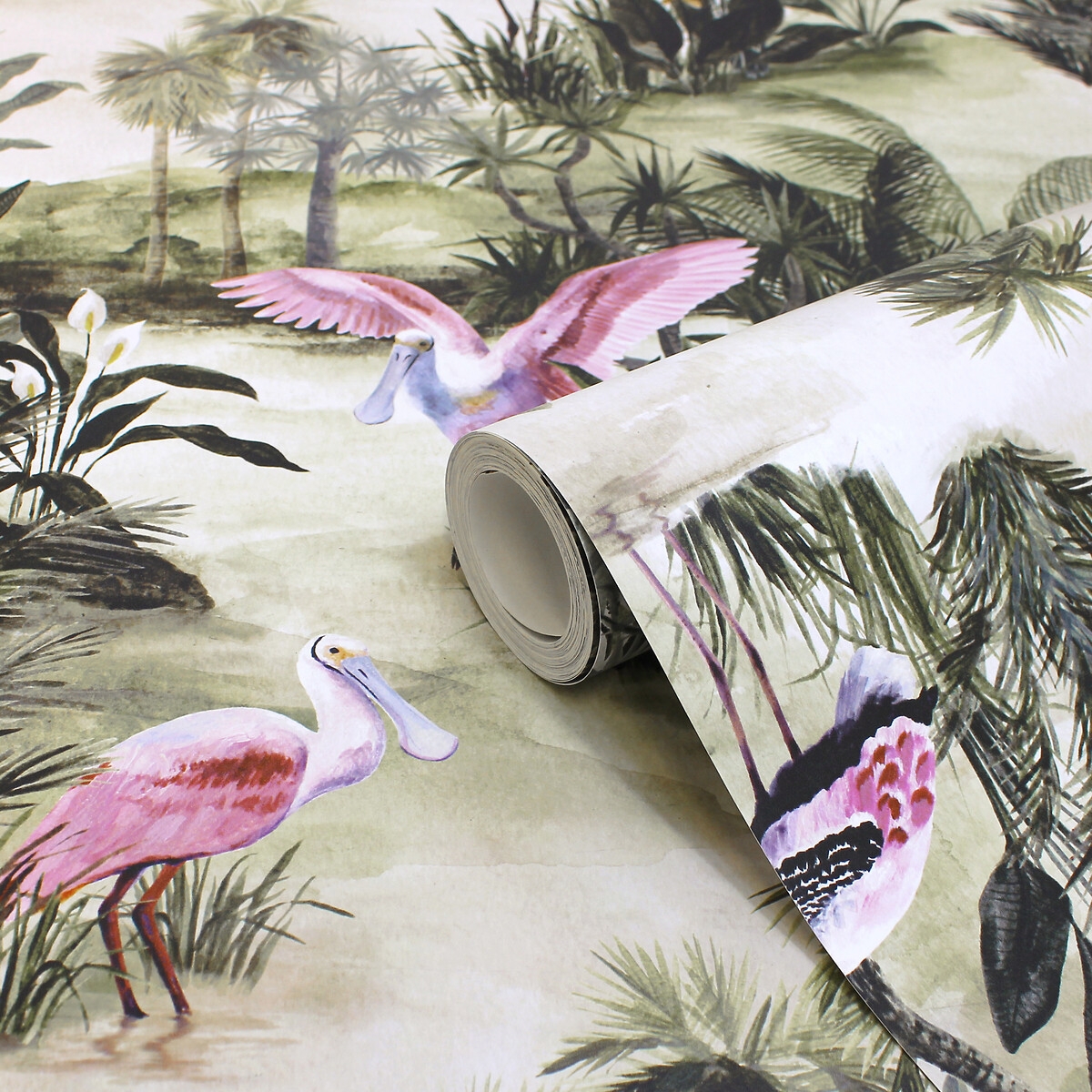 Natural-toned wallpaper featuring vibrant pink flamingos amidst lush green foliage and tropical plants, showcasing a jungle theme with a textured finish.