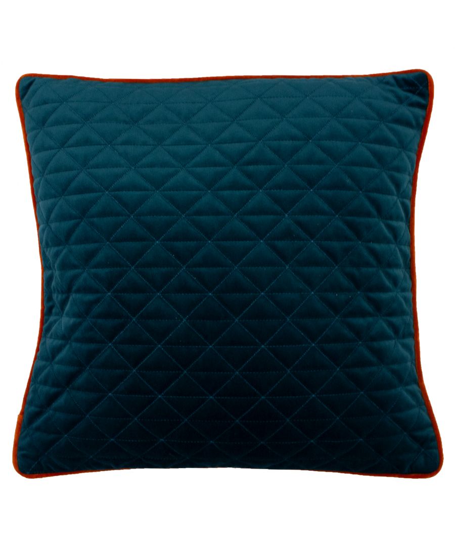 Teal geometric quilted cushion with a diamond pattern, featuring an orange piped edge, measuring 45cm x 45cm, made by Paoletti.