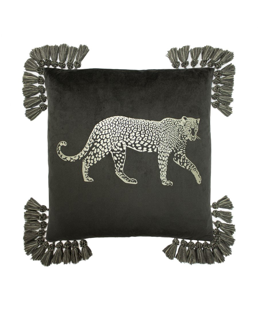Black velvet cushion featuring a printed leopard design in white, adorned with decorative tassels in dark grey on each corner.