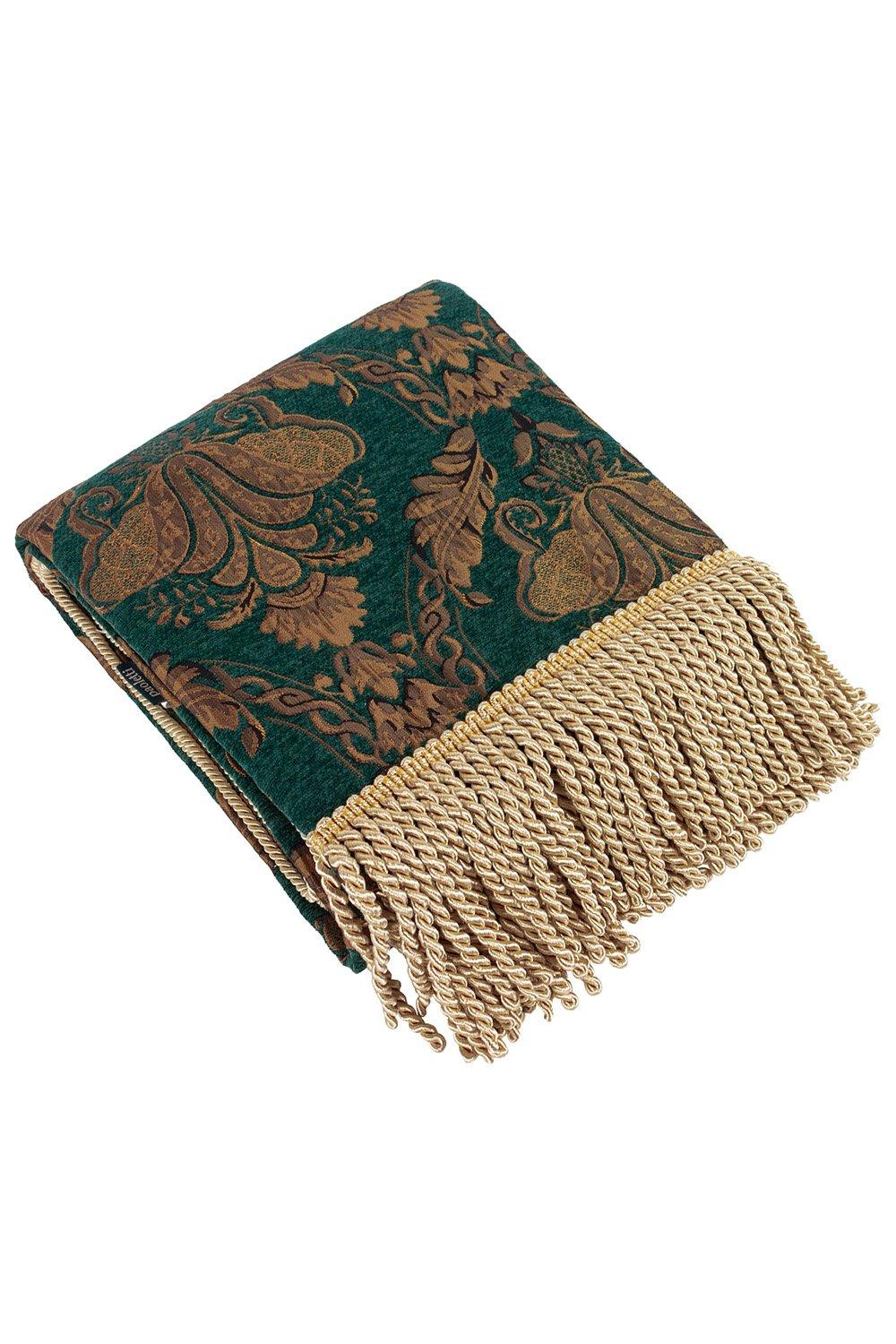 Rich teal jacquard throw featuring intricate brown floral patterns and elegant fringed edges, crafted from soft, luxurious material.