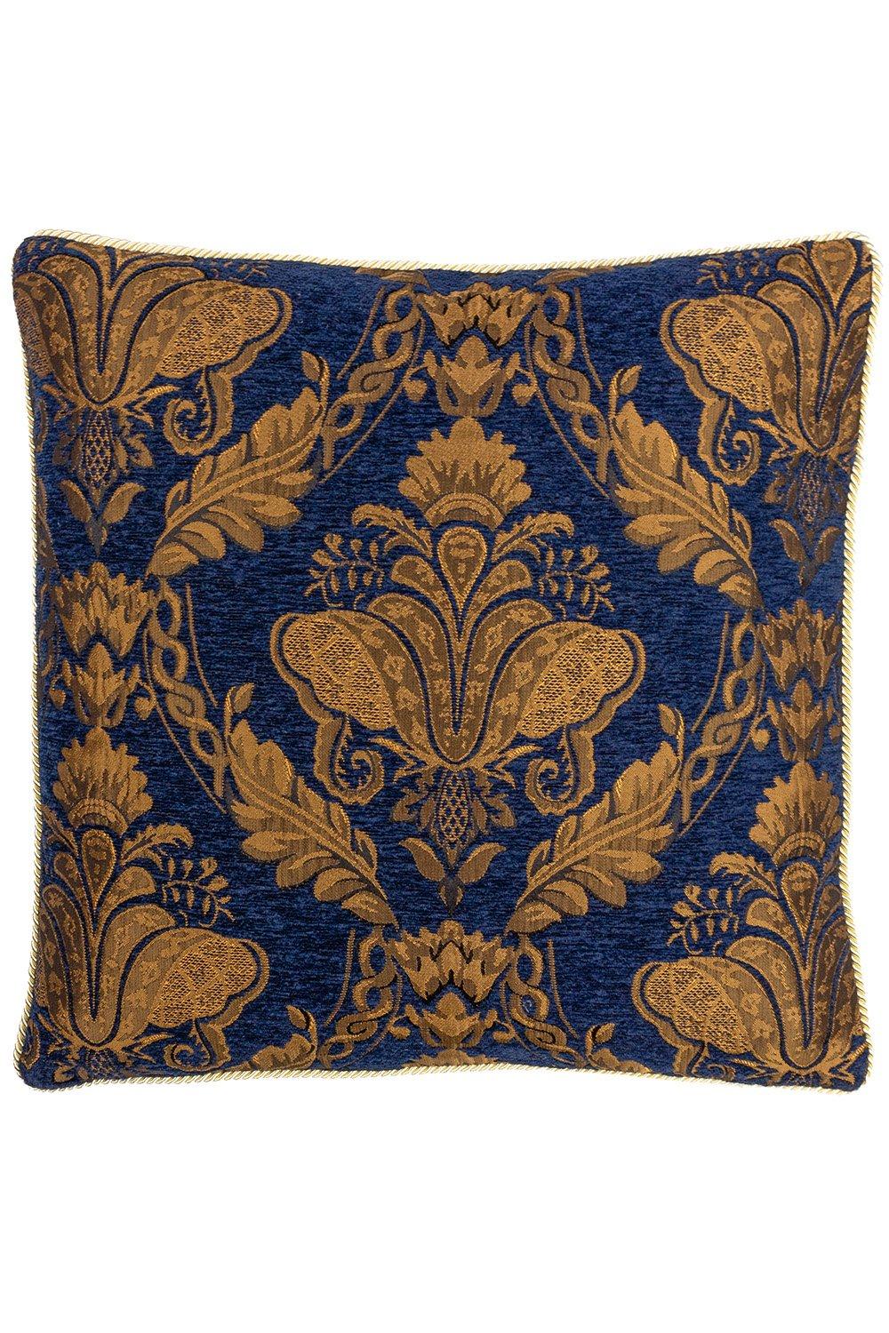 Navy cushion featuring a traditional jacquard design with intricate gold floral patterns and a pipe trim, measuring 58 cm x 58 cm, made by Paoletti.