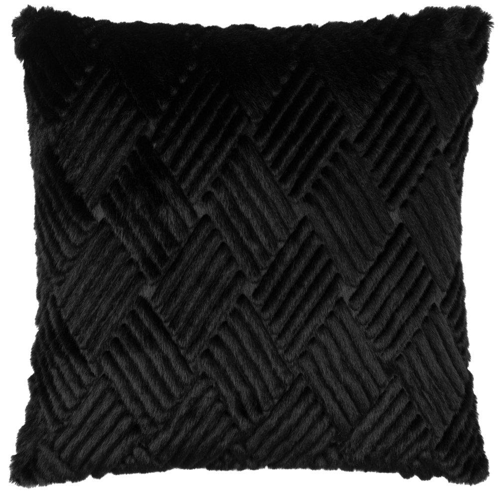 Jet black faux fur cushion featuring a textured woven pattern, measuring 45cm x 45cm, designed for a luxurious and cozy touch to any decor.