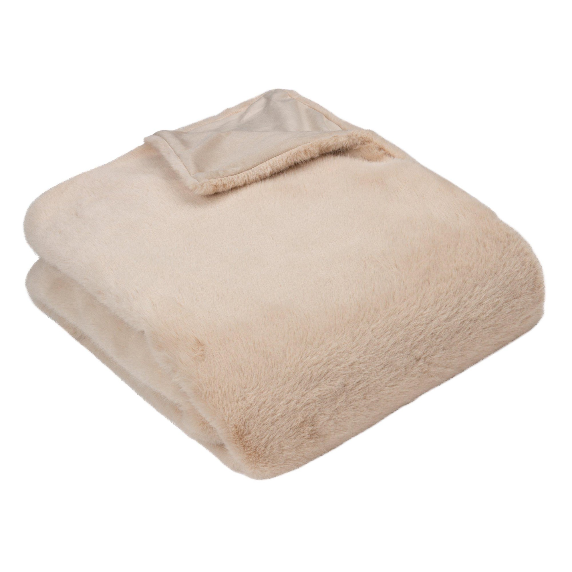 Beige faux fur throw blanket by Paoletti, measuring 130 cm x 180 cm, featuring a soft, plush texture and a folded corner for added detail.