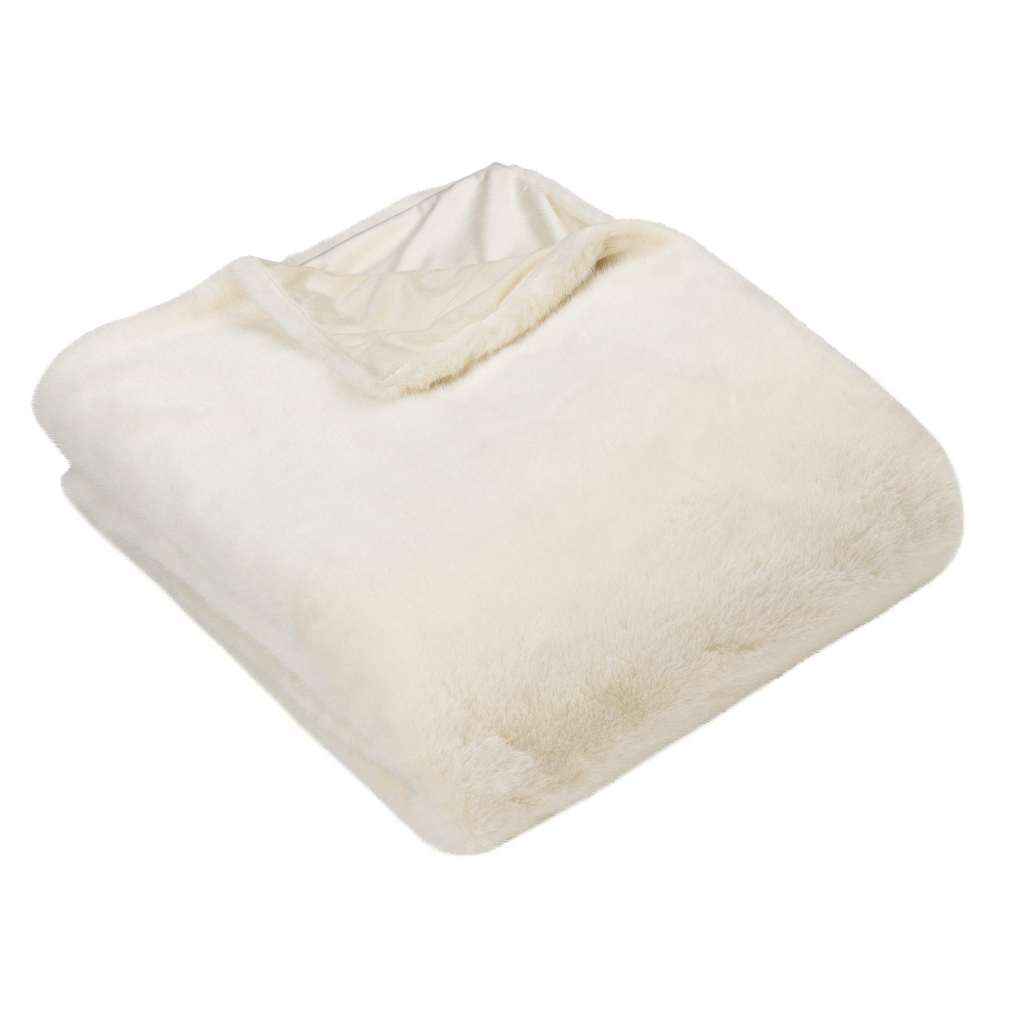 Soft ecru faux fur throw blanket by Paoletti, measuring 130 cm x 180 cm, featuring a plush texture and a cozy, luxurious appearance.