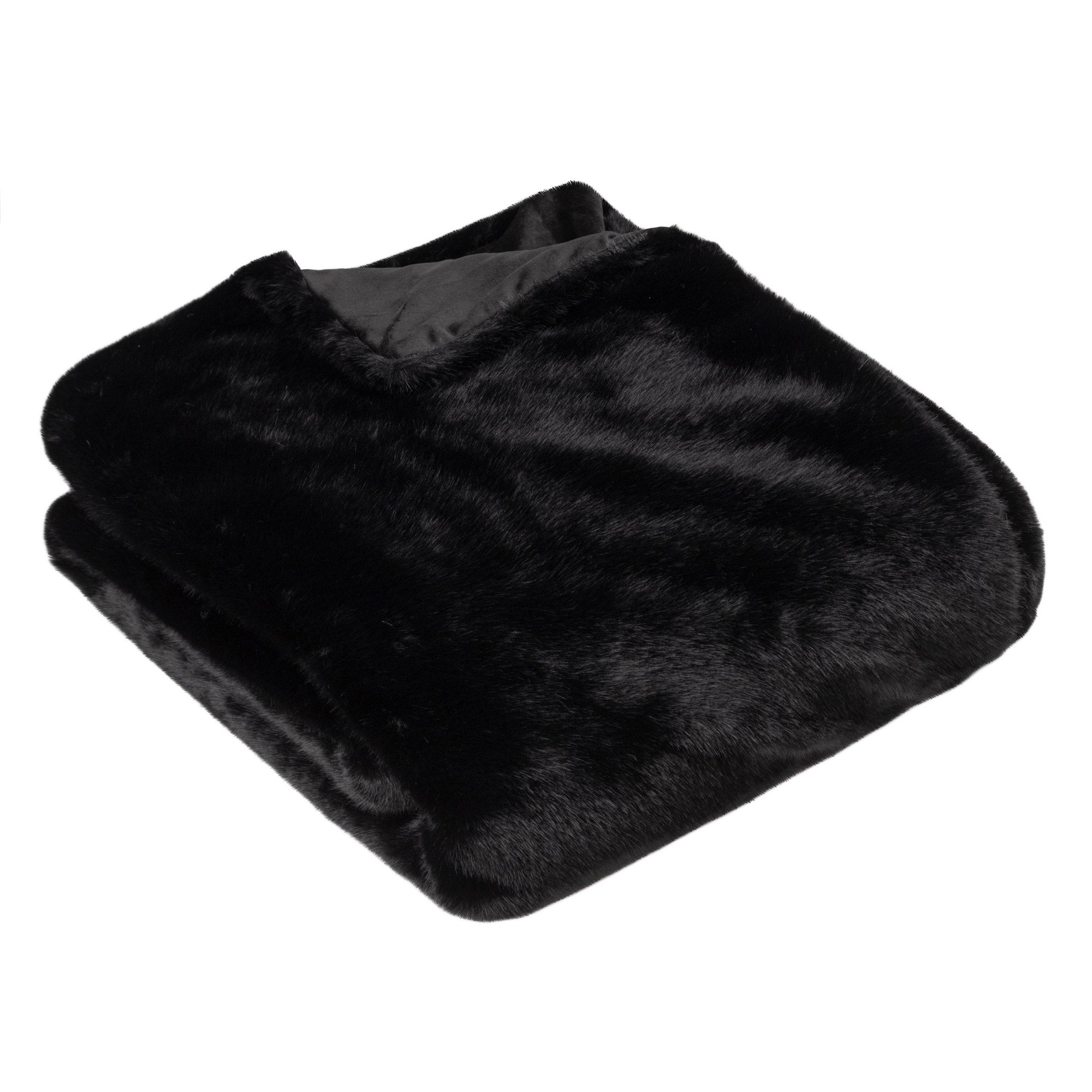 Luxurious black faux fur throw blanket from Paoletti, measuring 130 cm x 180 cm, featuring a soft, plush texture and a sleek, elegant design.