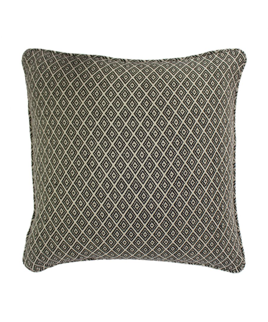 Black woven geometric cushion featuring a diamond pattern with fringed edges, measuring 40cm x 60cm, designed by Paoletti.