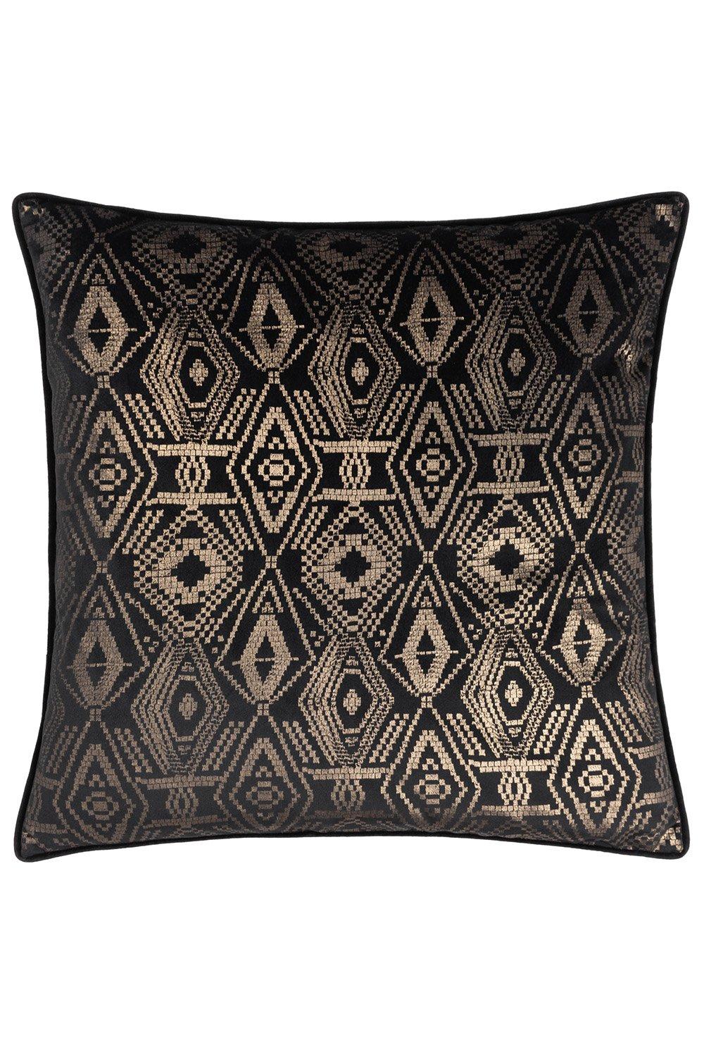 Black cushion featuring a geometric foil design in gold, piped edges, and a filled interior, showcasing a modern and stylish aesthetic.