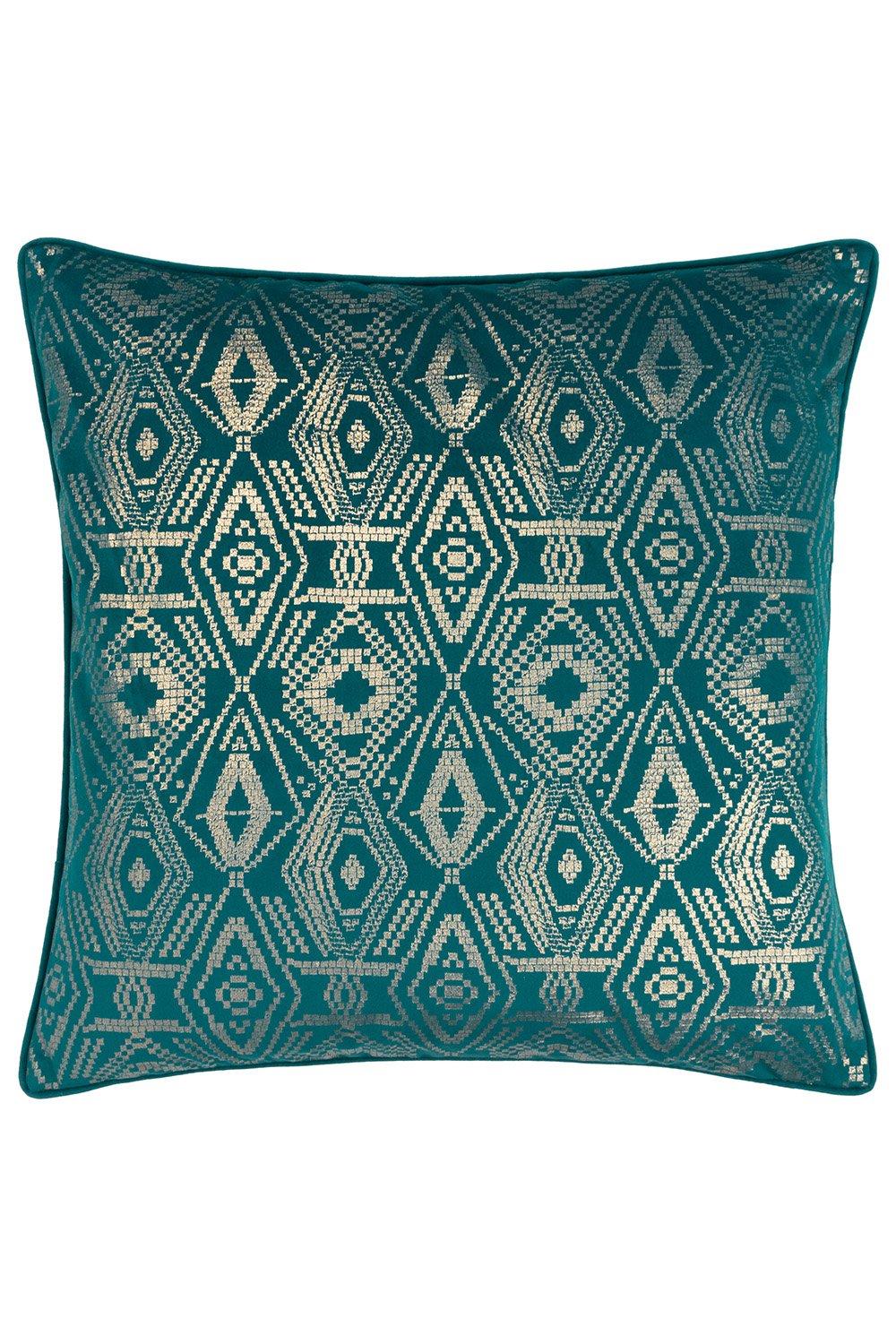Teal cushion featuring a geometric foil design with metallic accents, piped edges, and a filled construction for added comfort.