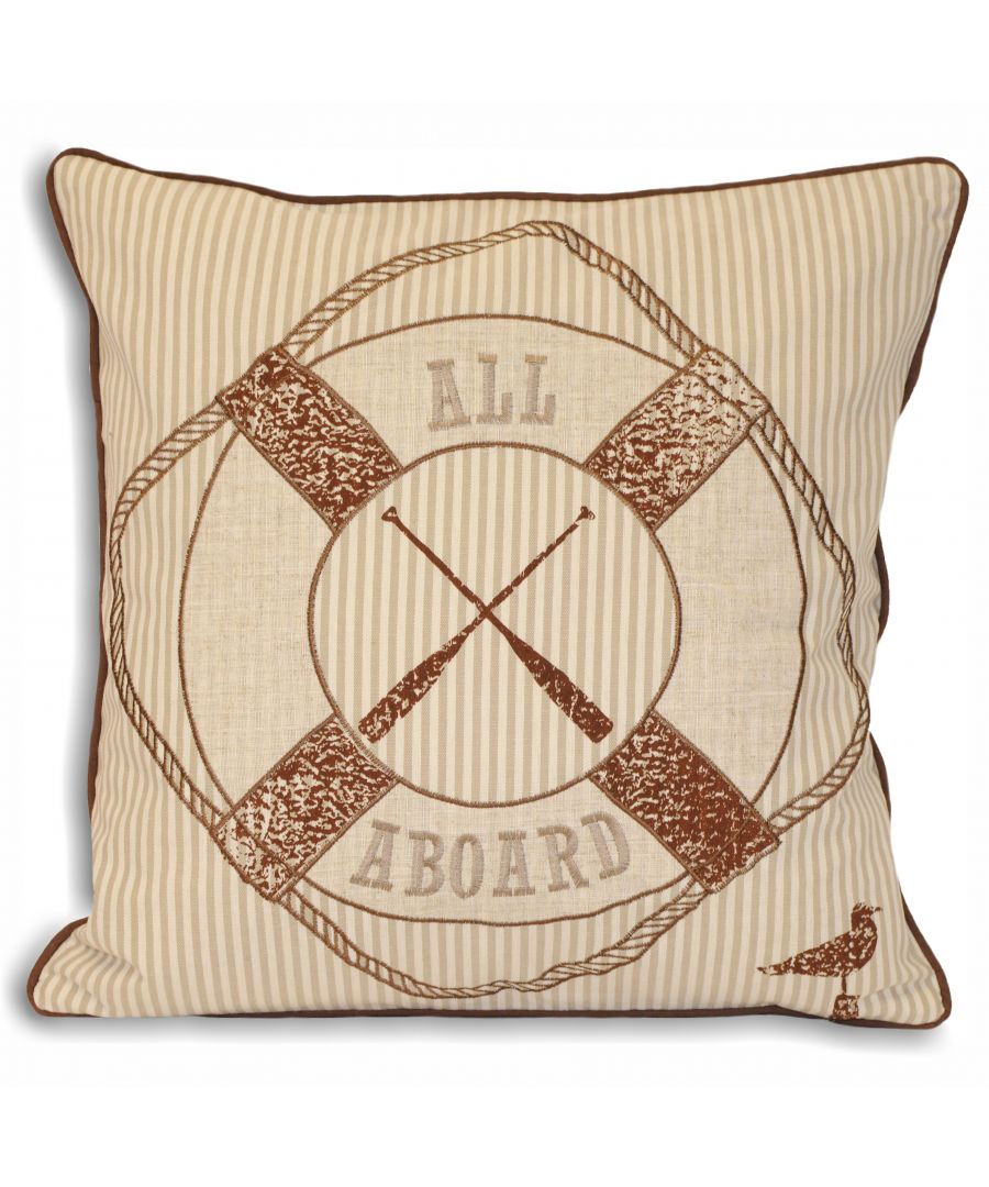 Square cushion in sand cotton featuring a brown lifebuoy design with "ALL ABOARD" text and crossed oars, bordered with a contrasting brown trim. Size: 45 cm x 45 cm.