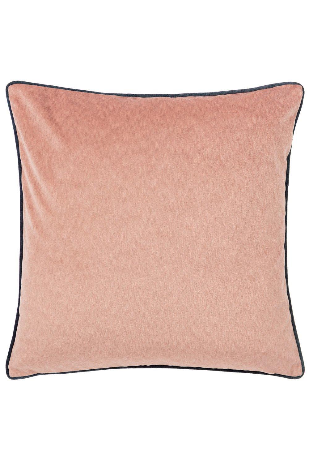 Pink mottled velvet cushion with a soft texture, featuring contrasting dark piping along the edges, designed by Paoletti, available in one size.