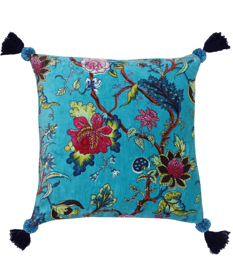 Light blue soft velvet cushion featuring a vibrant Chinoiserie floral pattern with tassels in navy blue at each corner, measuring 50cm x 50cm.
