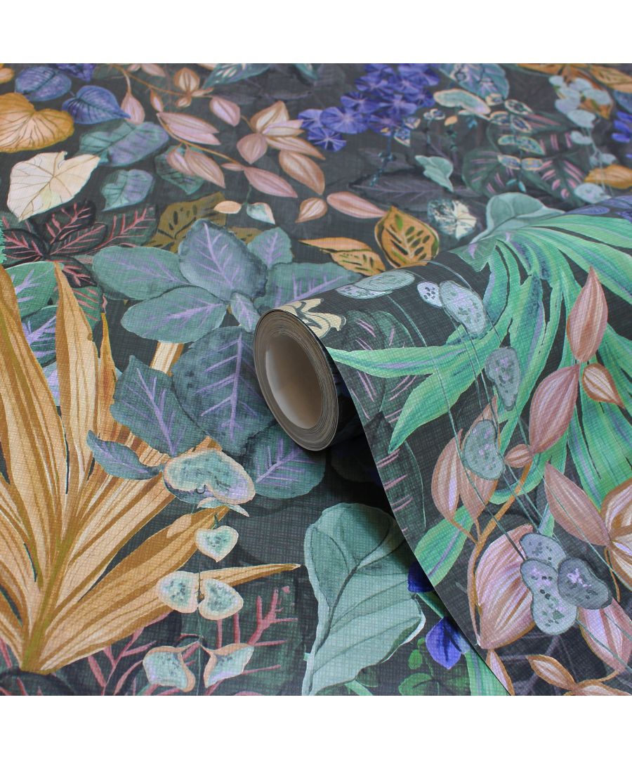 Digitally printed floral wallpaper featuring vibrant blue, green, and earthy tones with lush leaves and flowers on a dark background, rolled partially to showcase the design.